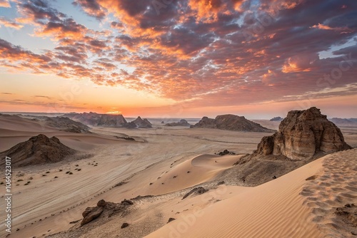 A vast desert landscape with a sunset sky, featuring sandy dunes and rock formations, stretching towards the horizon, sand dunes, desert sun, geological formations