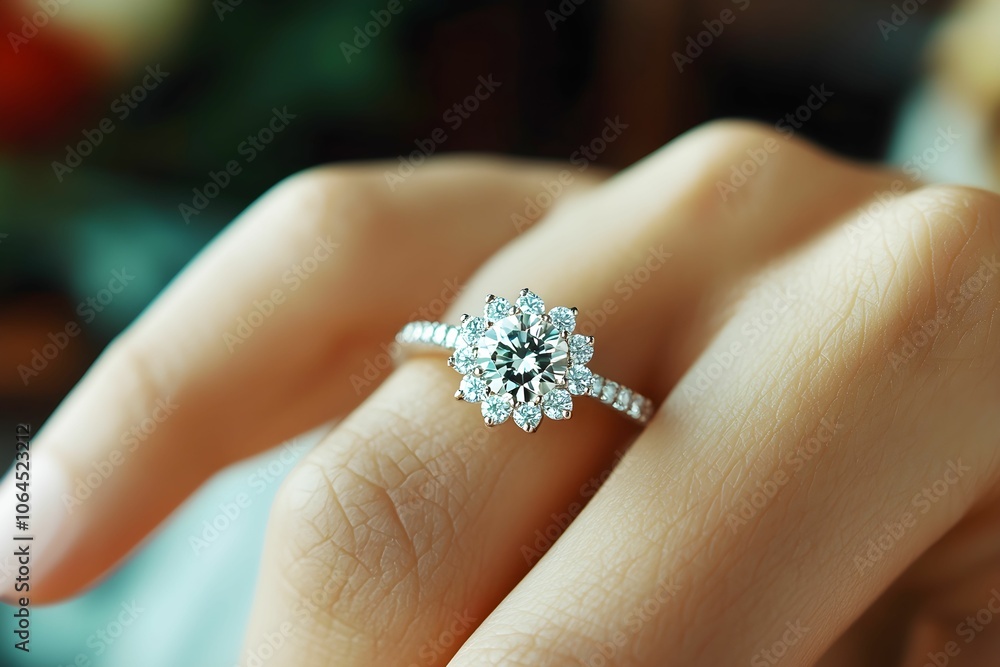 A delicate floral engagement ring featuring a central gemstone, surrounded by smaller diamonds, elegantly showcased on a hand. A delicate floral engagement ring featuring a central gemstone, surrounded by smaller diamonds, elegantly showcased on a hand.