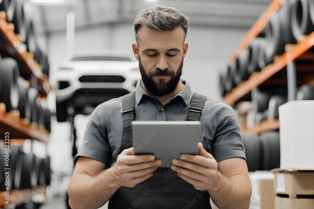 A mechanic uses a tablet in a tire storage area while overseeing vehicle maintenance in a modern workshop. A mechanic uses a tablet in a tire storage area while overseeing vehicle maintenance in a modern workshop.