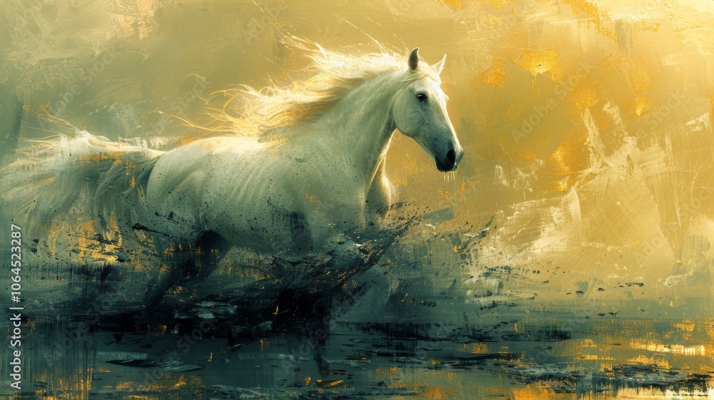 Modern art with oil on canvas showcasing abstract artistic background and textured golden brushstrokes, featuring green and grey horses. Modern art with oil on canvas showcasing abstract artistic background and textured golden brushstrokes, featuring green and grey horses.