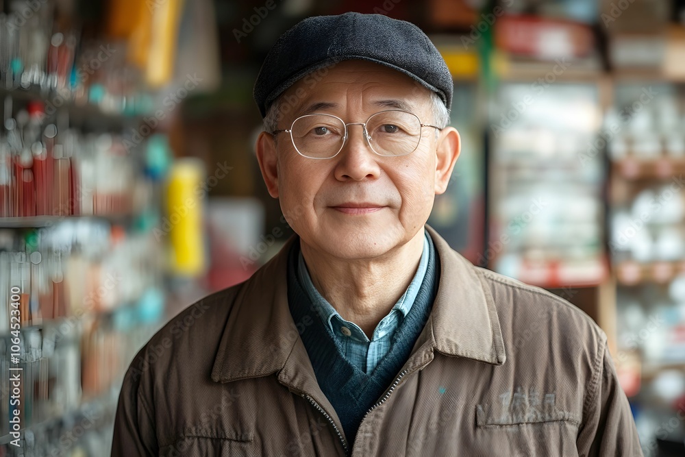 A thoughtful elderly man stands in front of a colorful assortment of items, wearing a cap and glasses, exuding wisdom and experience. A thoughtful elderly man stands in front of a colorful assortment of items, wearing a cap and glasses, exuding wisdom and experience.