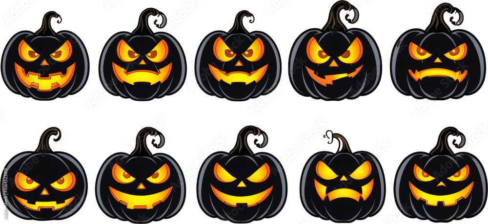 Set of ten glowing jack-o'-lanterns with mischievous expressions. Set of ten glowing jack-o'-lanterns with mischievous expressions.