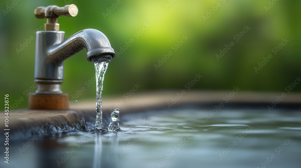 close up of water faucet with water flowing into basin, creating ripples. serene green background enhances tranquil atmosphere close up of water faucet with water flowing into basin, creating ripples. serene green background enhances tranquil atmosphere