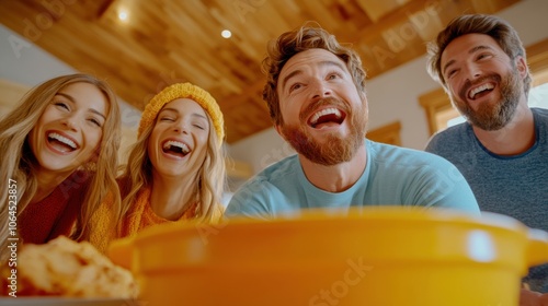 Joyful friends enjoying a cozy gathering indoors, sharing laughter and snacks together, AI