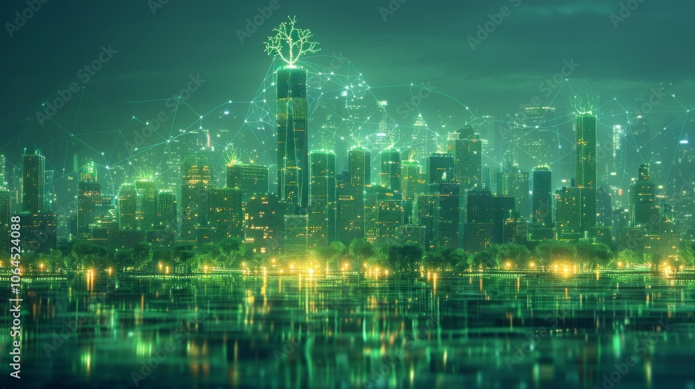 City adorned with neon ribbon and sprout, rendered in low poly wireframe on green backdrop. City adorned with neon ribbon and sprout, rendered in low poly wireframe on green backdrop.