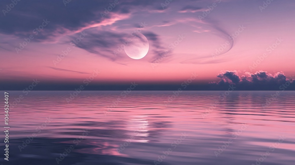 Pink Sunset over the Ocean with a Full Moon Pink Sunset over the Ocean with a Full Moon