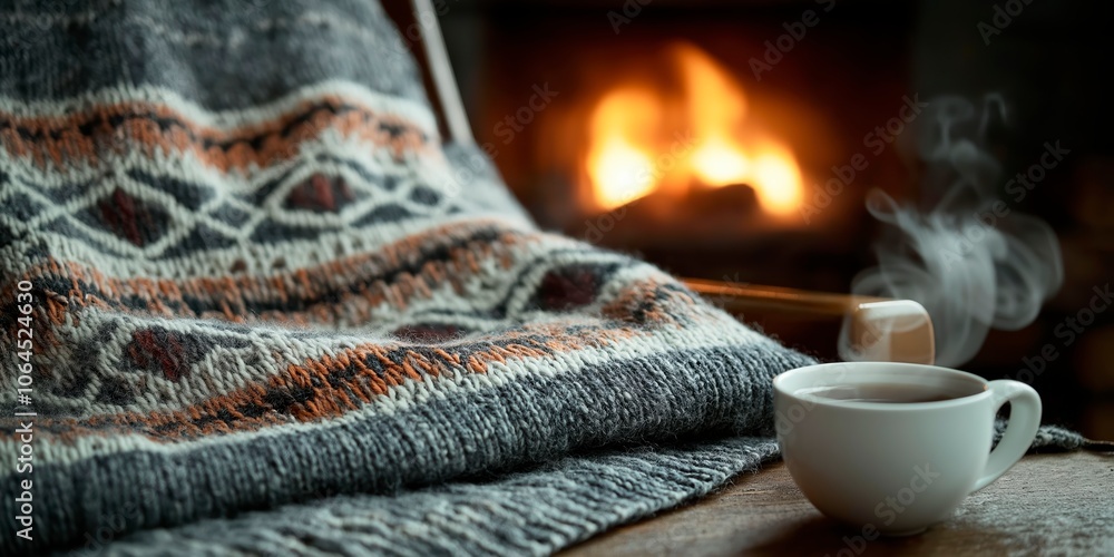 Hand-Knitted Sweater with Winter Patterns Beside Tea and Fireplace Hand-Knitted Sweater with Winter Patterns Beside Tea and Fireplace