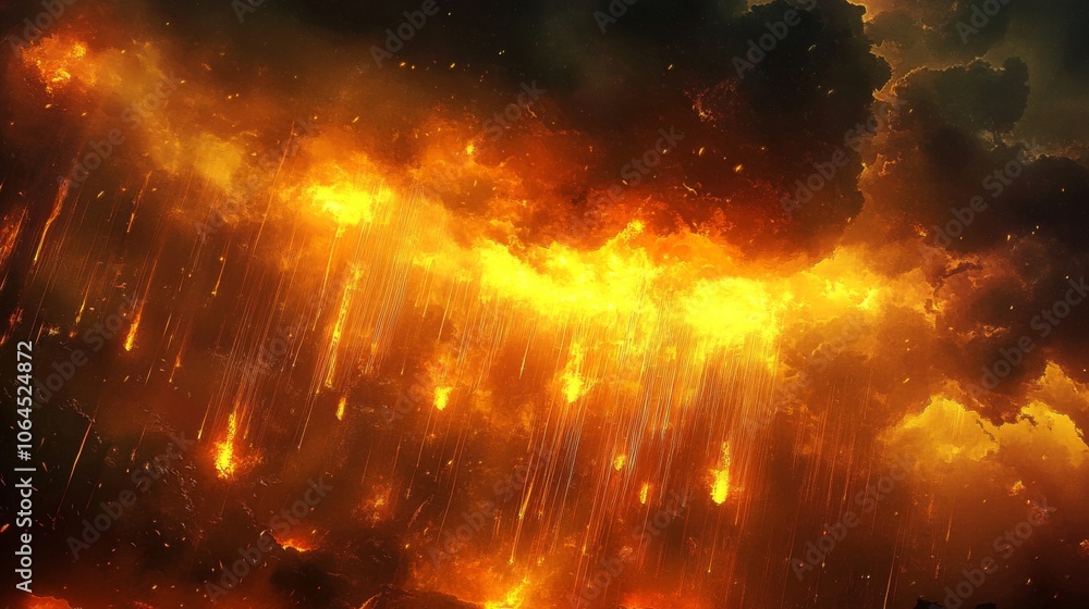 Fototapeta premium A digital painting depicting an apocalyptic scene with heavenly fire descending upon Earth.