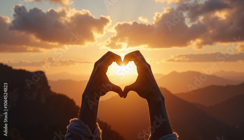 Heart-shaped hands in sunset with scenic mountains