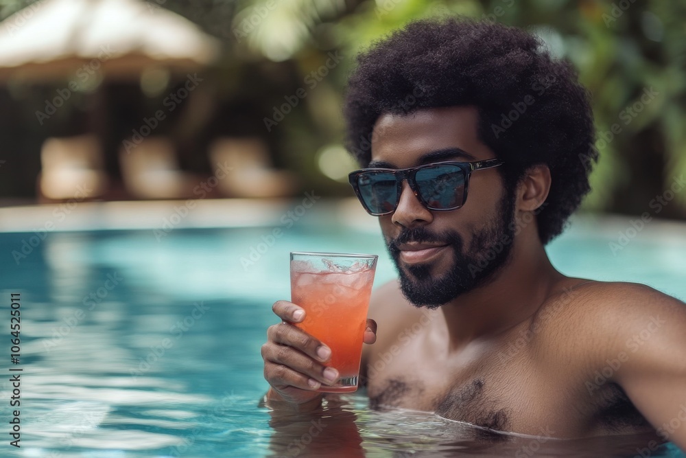 Young black afro american man hotel guest sipping a cocktail in the outdoor hotel swimming Young black afro american man hotel guest sipping a cocktail in the outdoor hotel swimming