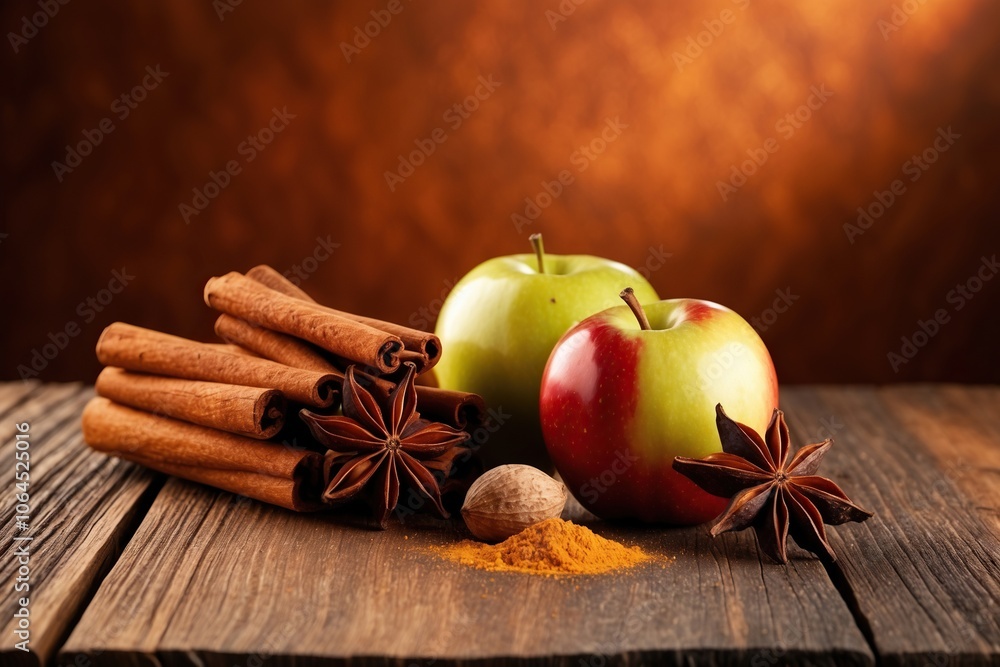 Fresh red and green apples, cinnamon sticks, ground cinnamon, anise stars, walnuts and hazelnuts on an old wooden background Fresh red and green apples, cinnamon sticks, ground cinnamon, anise stars, walnuts and hazelnuts on an old wooden background