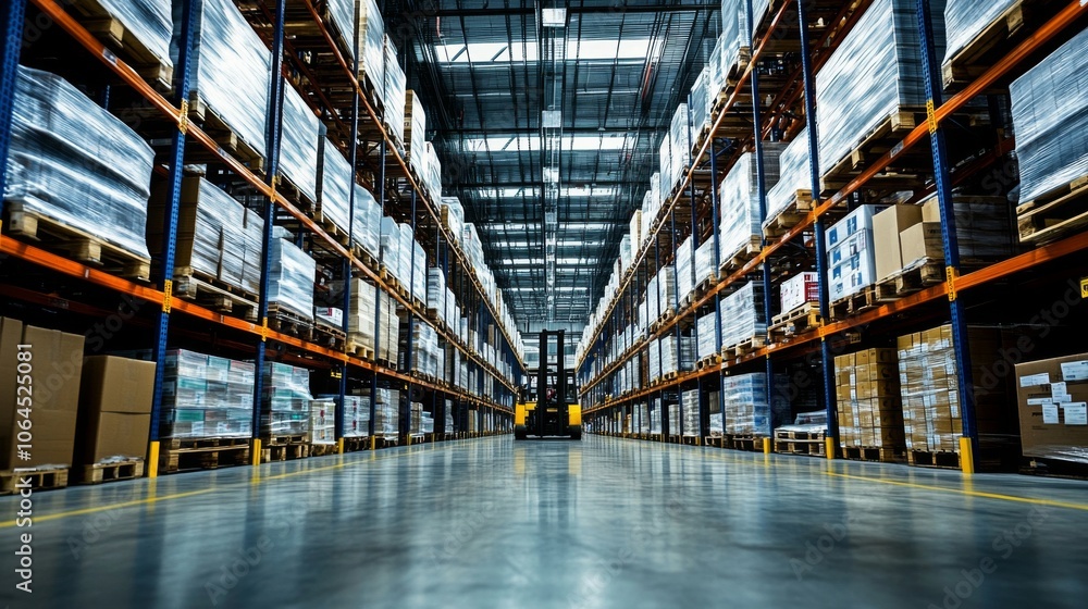 Forklifts in action within a bustling distribution center, highlighting transportation logistics. Forklifts in action within a bustling distribution center, highlighting transportation logistics.