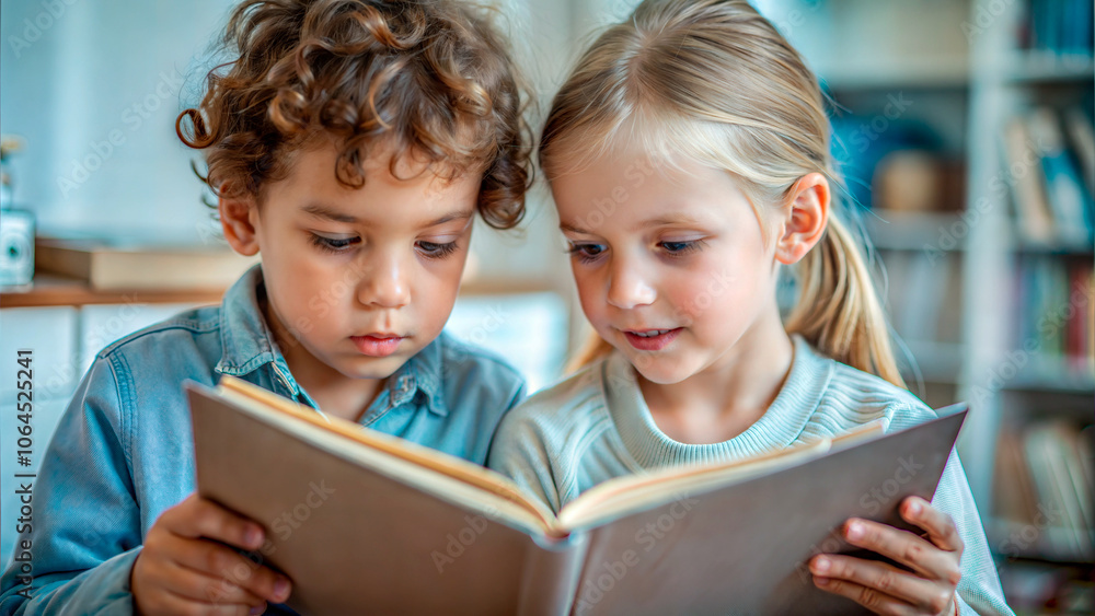 Two children reading a book together, showing curiosity and engagement in a cozy indoor setting Two children reading a book together, showing curiosity and engagement in a cozy indoor setting