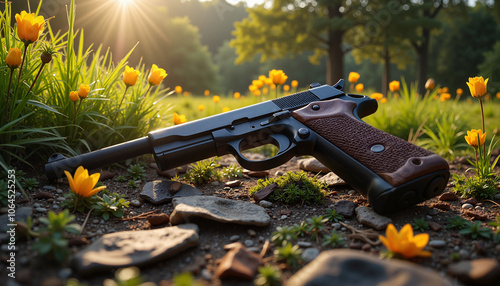 Handgun on grass symbolizing peace over violence