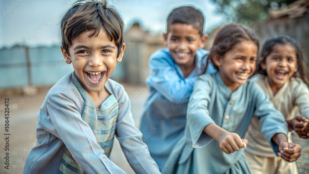 Four joyful children playing together in traditional outfits outdoors Four joyful children playing together in traditional outfits outdoors