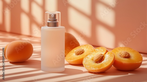 Peach Scented Perfume Spray Bottle Mockup with Fruit on a Beige Background