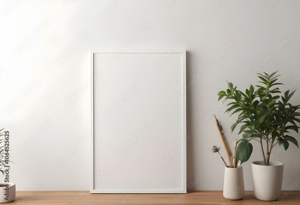A white framed canvas or poster leaning against a wooden shelf, with a potted plant and some art supplies next to it. A white framed canvas or poster leaning against a wooden shelf, with a potted plant and some art supplies next to it.
