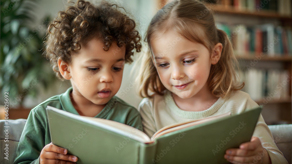 Two curious children reading a book together in a cozy indoor setting Two curious children reading a book together in a cozy indoor setting