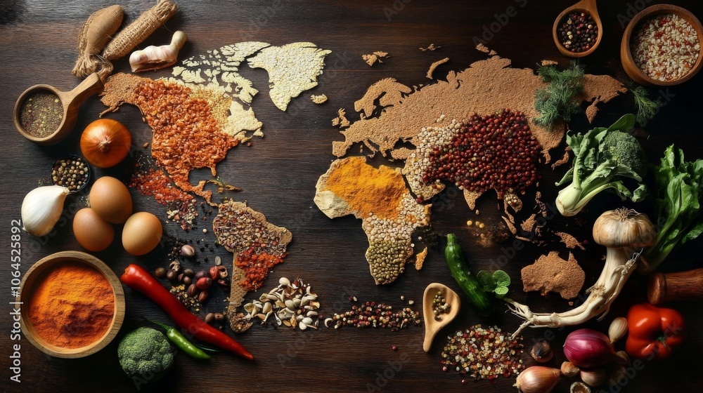 A vibrant illustration showcasing global cuisine diversity through food ingredients. A vibrant illustration showcasing global cuisine diversity through food ingredients.
