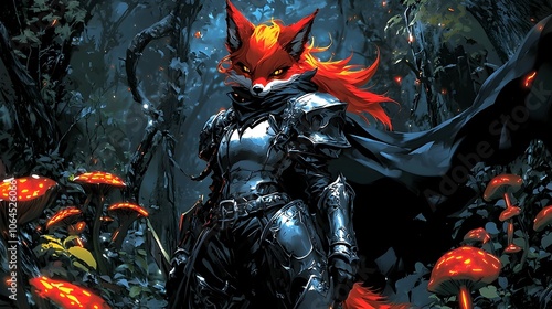 Mystical Fox Warrior in Enchanted Armor Navigates Neon-Lit Enchanted Forest