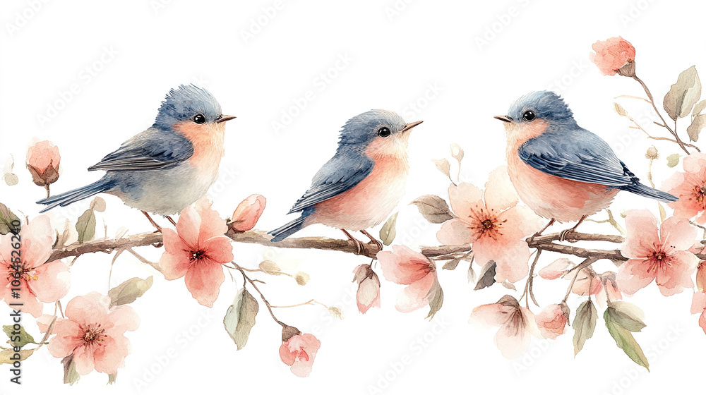 A few birds standing on a branch full of peach blossoms A few birds standing on a branch full of peach blossoms