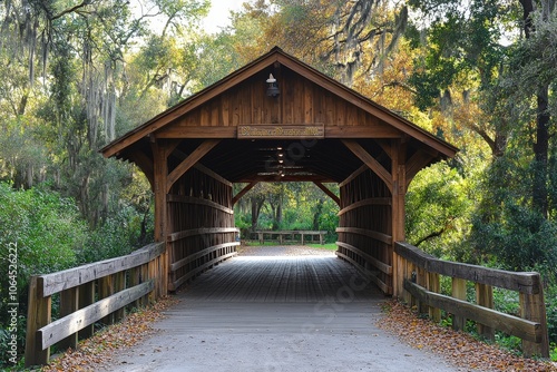 A picturesque covered bridge stands peacefully in a serene rural setting, framed by colorful autumn leaves and dappled sunlight filtering through trees