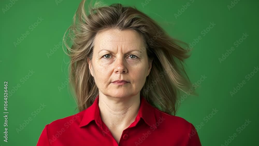Businesswoman with long blond hair blowing in the wind poses confidently against a green screen background. The scene captures a professional and serious expression in a red shirt Businesswoman with long blond hair blowing in the wind poses confidently against a green screen background. The scene captures a professional and serious expression in a red shirt