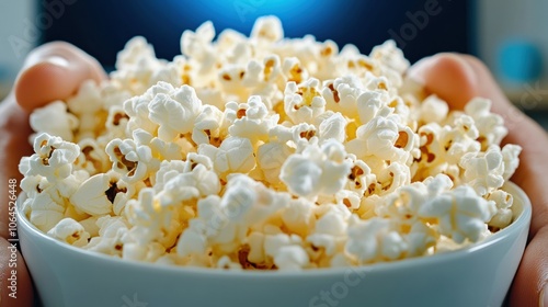 Bowl of freshly popped popcorn held in hands, ready for a movie night, AI photo