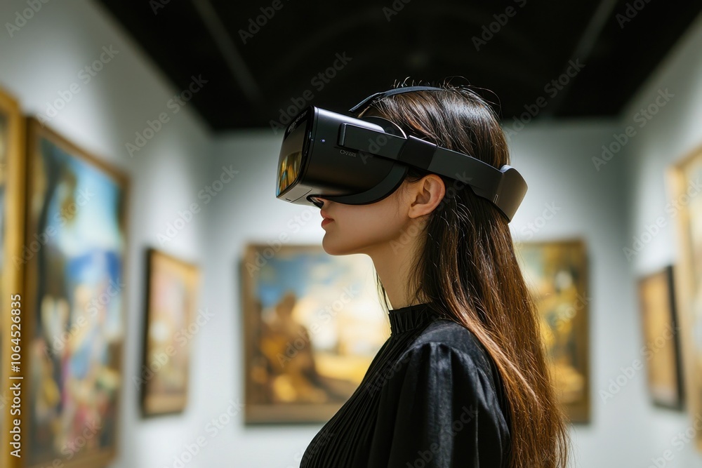 Young woman wearing a virtual reality headset using it to visualize a museum art gallery Young woman wearing a virtual reality headset using it to visualize a museum art gallery