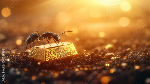 Macro shot of little black ants interacting with gold ingot, showcasing nature resilience and beauty in golden sunset