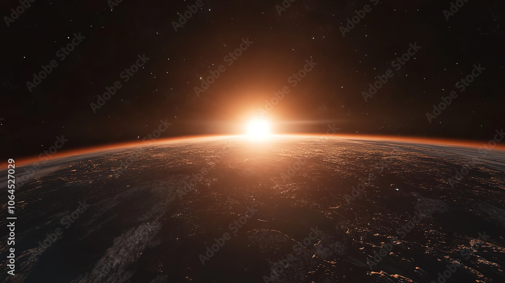 Obraz premium Panoramic view of the Earth from outer space, with the sun rising from the horizon