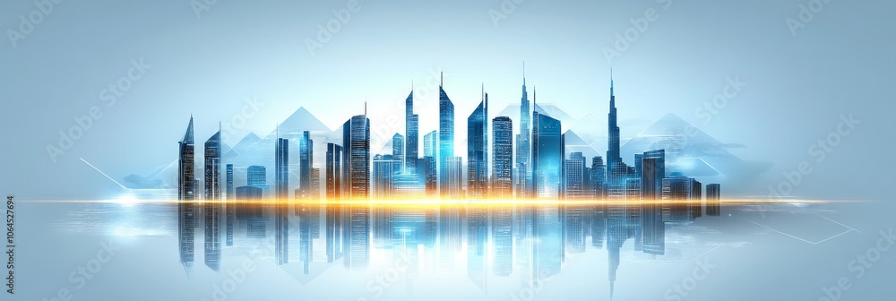 Fototapeta premium Horizonte de una ciudad moderna con rascacielos y edificios altos reflejados en el agua, con un fondo de tonos azules. La imagen tiene un estilo futurista y minimalista.