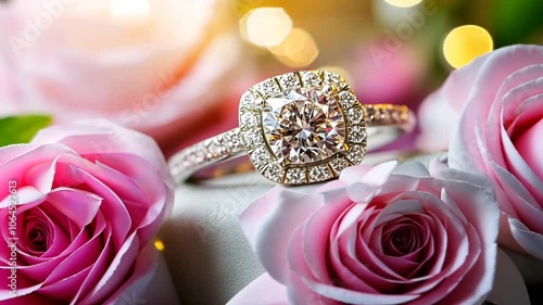 Diamond engagement ring in a setting of soft pink roses. Animation looping video background. Generated with AI