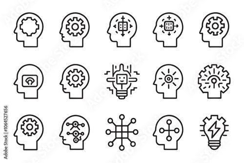 Artificial Intelligence with brain head related editable icon set isolated flat vector illustration white background