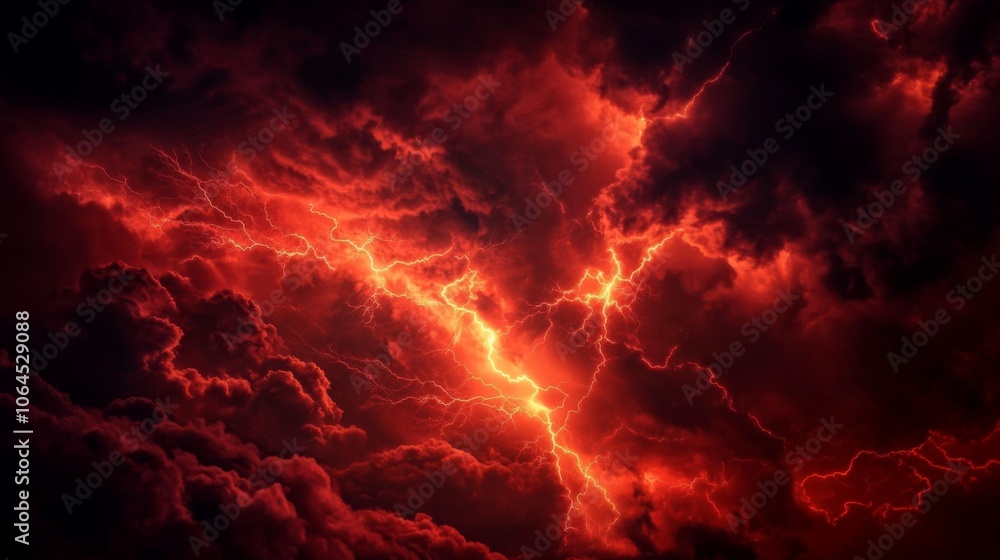 Vibrant red lightning bolts illuminate abstract storm cloud formations. Vibrant red lightning bolts illuminate abstract storm cloud formations.