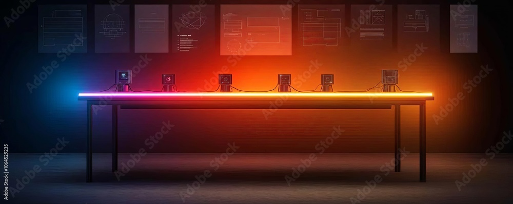 Innovative workspace featuring a sleek table illuminated by colorful lights, surrounded by modern tech devices on a vibrant background. Innovative workspace featuring a sleek table illuminated by colorful lights, surrounded by modern tech devices on a vibrant background.