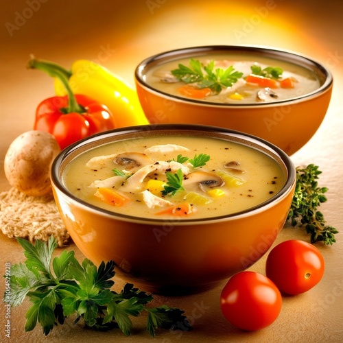  Dos tazones de sopa de verduras con champiñones y perejil fresco, decorados con pimientos. 