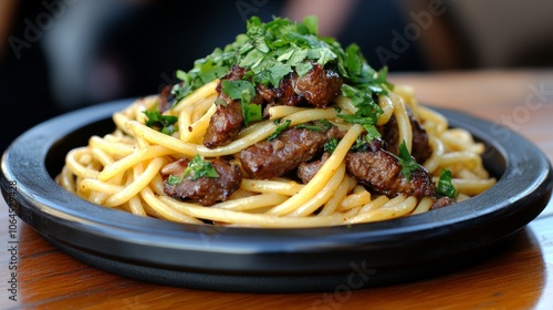  Plato de espaguetis servido con trozos de carne y decorado con perejil fresco, presentado en un plato negro.
 photo