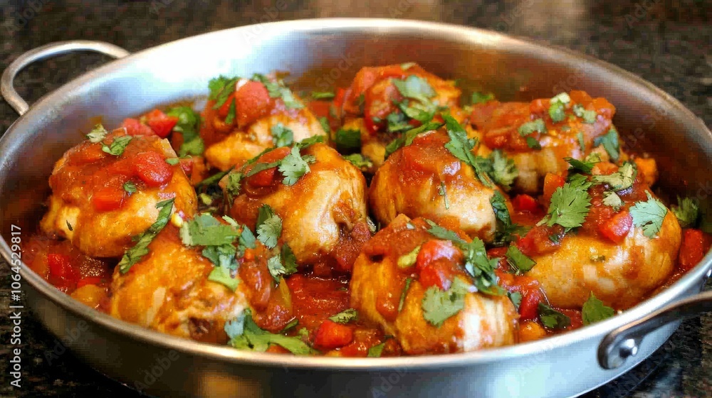 Pollo estofado con vegetales y hierbas frescas, servido en una olla redonda de metal.
Pollo estofado con vegetales y hierbas frescas, servido en una olla redonda de metal.