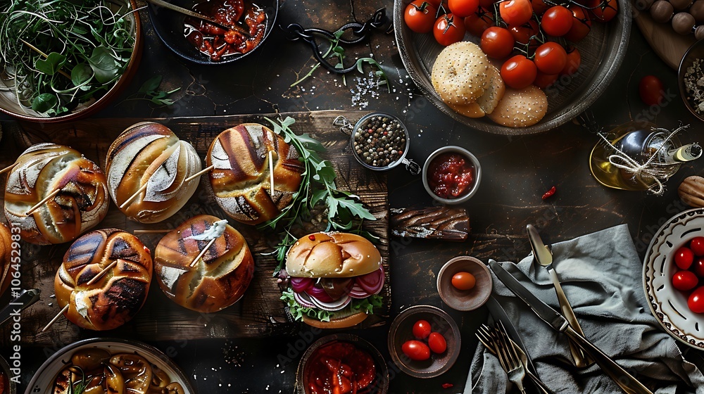 Contents around grilled buns against a backdrop of a bland rustic tabletop Contents around grilled buns against a backdrop of a bland rustic tabletop