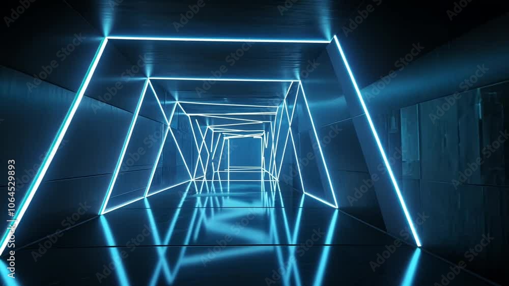Futuristic corridor with blue neon lights, creating an abstract and ...