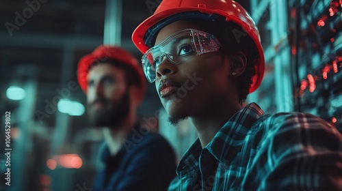 Two industrial workers in hard hats and safety glasses look up at a panel in an industrial setting.