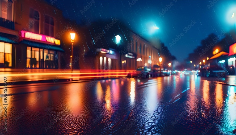 Obraz premium Rainy city street at night with colorful neon lights, creating a vibrant and dynamic urban scene