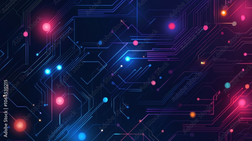A vibrant abstract design featuring glowing circuits and scattered light dots in shades of blue, pink, and purple, representing technology and digital innovation. A vibrant abstract design featuring glowing circuits and scattered light dots in shades of blue, pink, and purple, representing technology and digital innovation.