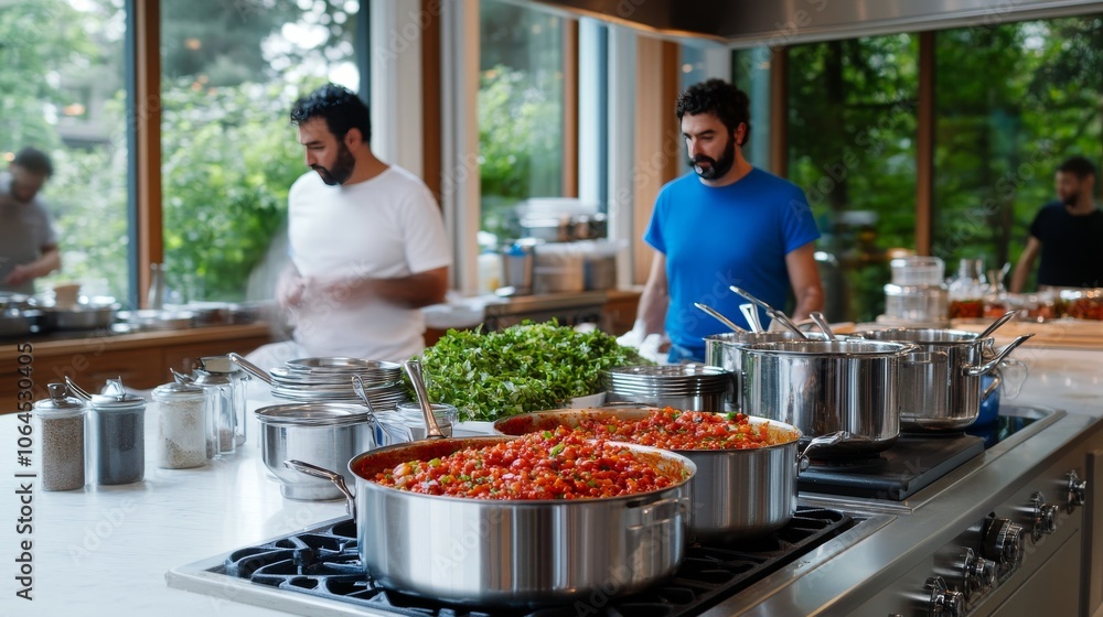 Dos chefs en una cocina amplia rodeados de cacerolas y verduras frescas, preparando una comida a gran escala.
Dos chefs en una cocina amplia rodeados de cacerolas y verduras frescas, preparando una comida a gran escala.