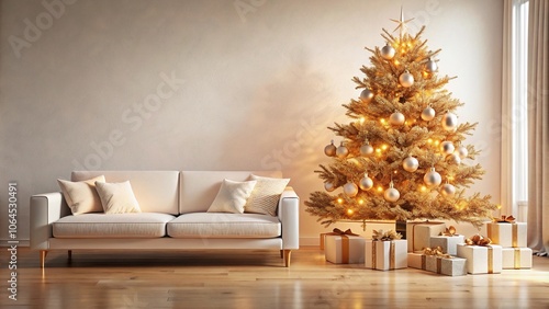 Christmas tree with gifts and white sofa in front of a luxurious light orange style aerial view