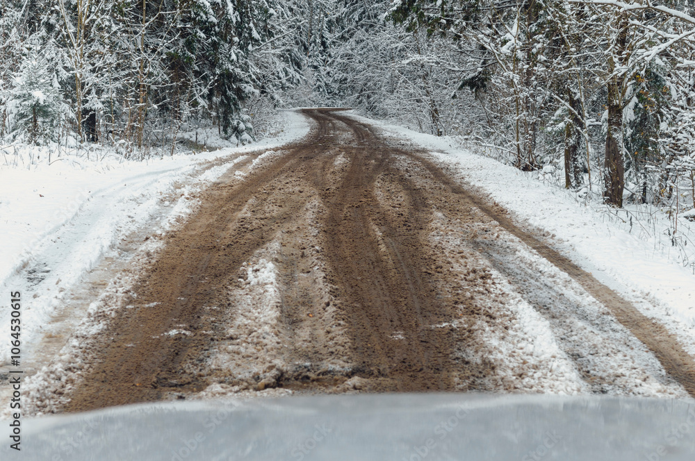 Naklejka premium muddy road through a winter forest