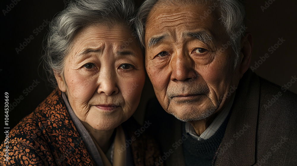 Elderly Japanese couple with sad expressions Elderly Japanese couple with sad expressions