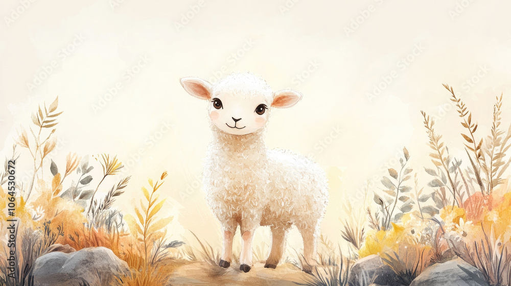 A sheep with curved horns standing in the grass A sheep with curved horns standing in the grass