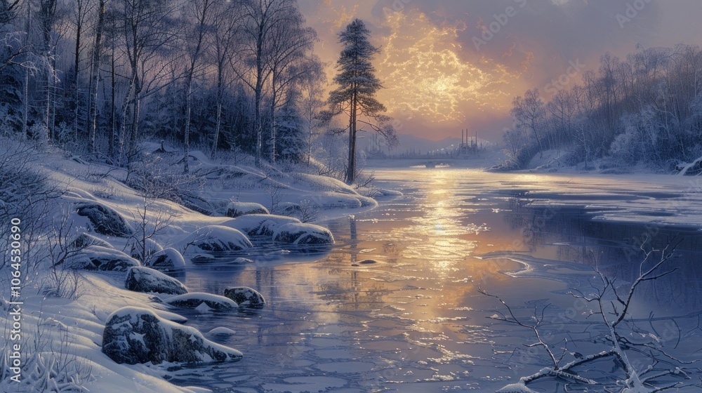 Fototapeta premium Winter Sunset on the Frozen River